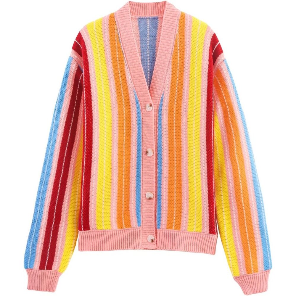 Women's Rainbow Striped Long Sleeve Button V Neck Block Knit Loose Sweater Coat - Picture 1 of 6